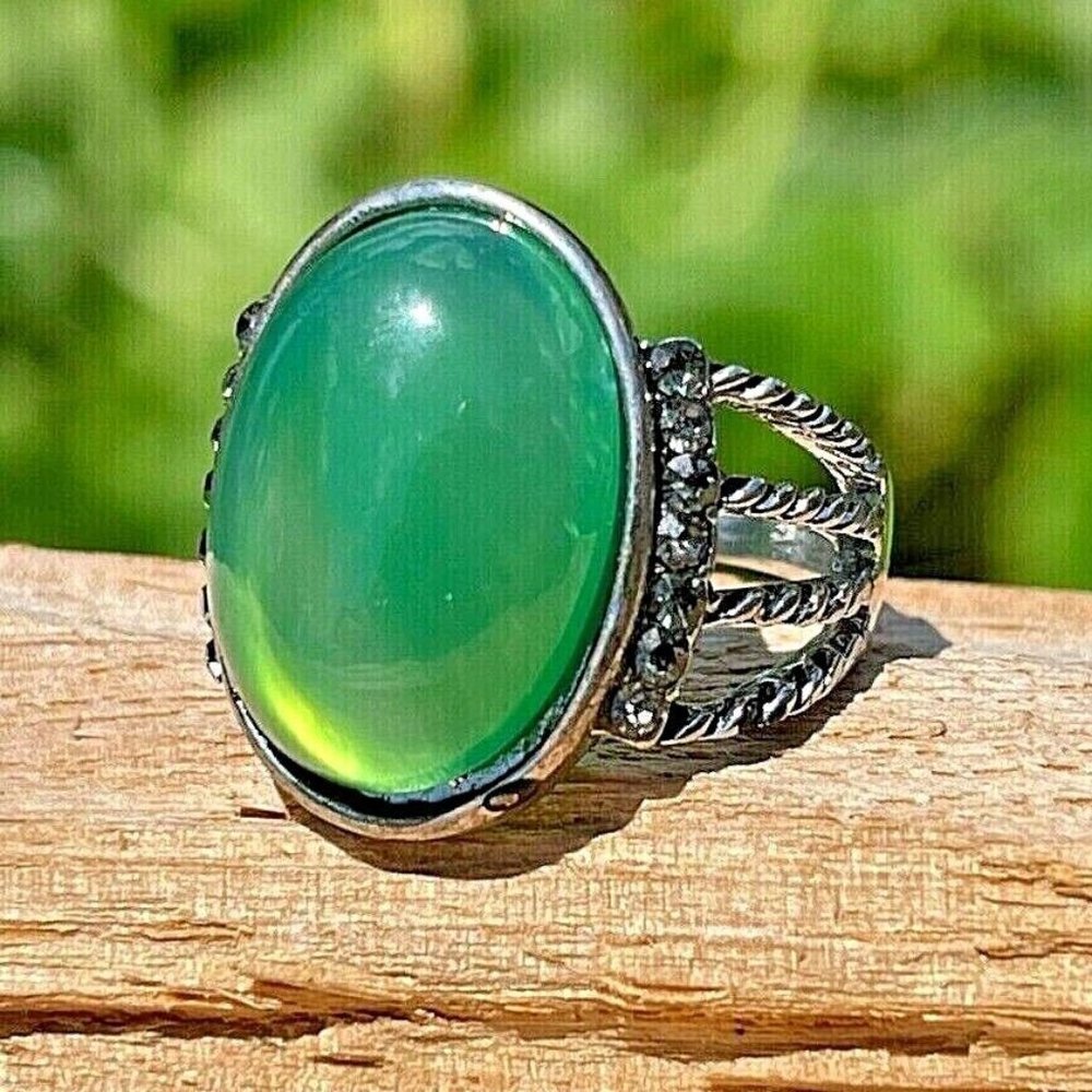 African Green Prehnite Crystal Rhinestones Stainless Steel Ring - Size 7.75